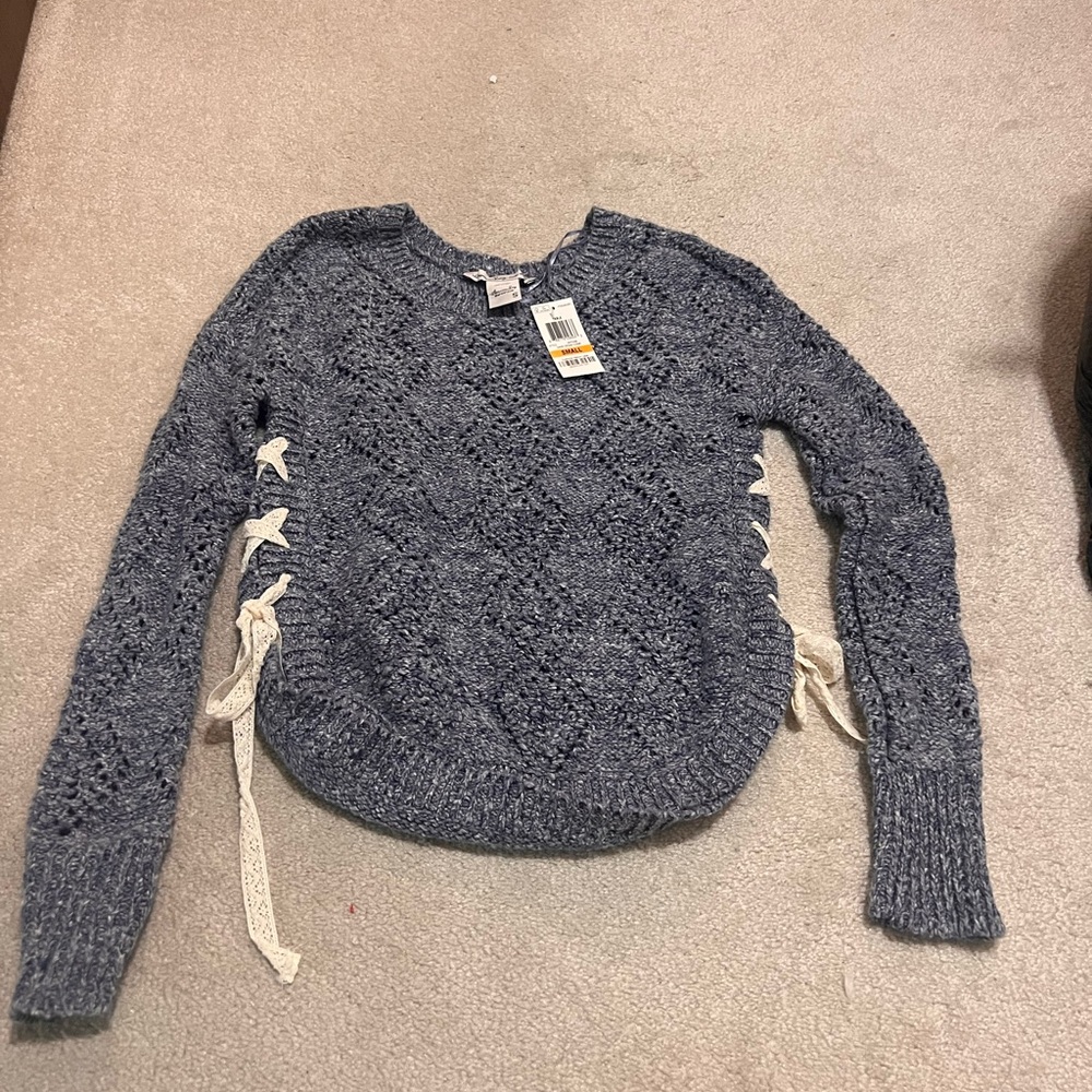 American Rag Blue and White Crew Neck Sweater with Lace-Up Sides